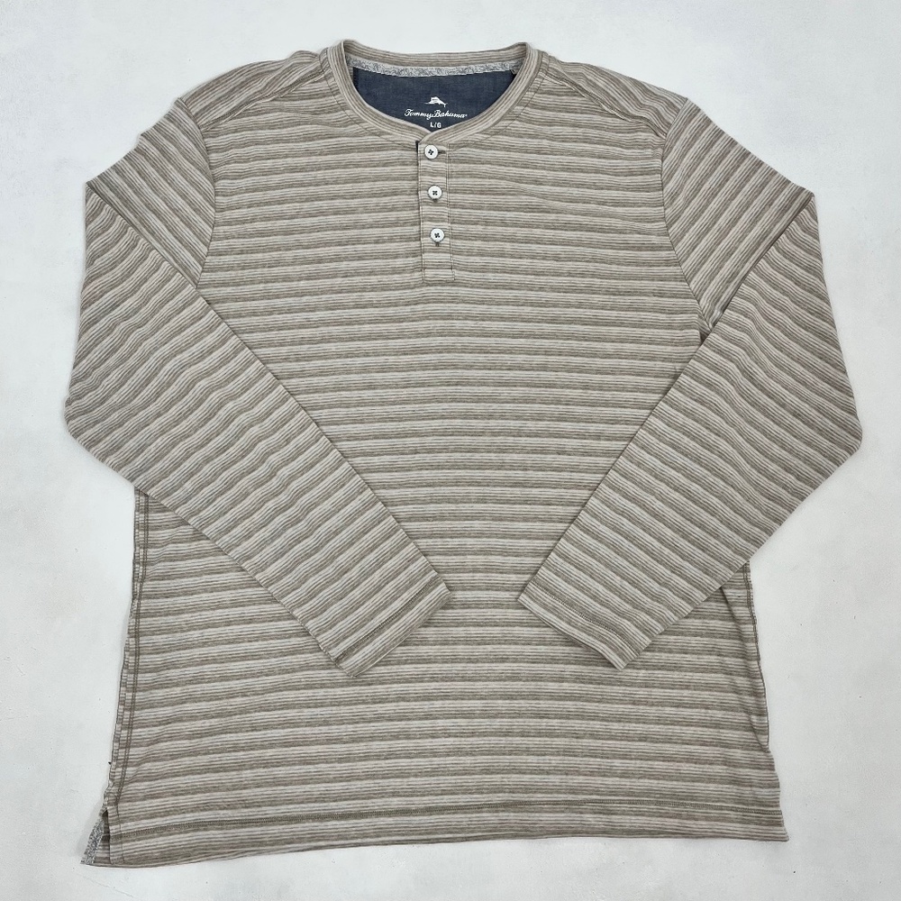 Tommy Bahama Men’s Beige Striped Long Sleeve T-Shirt Tee Casual Comfort L